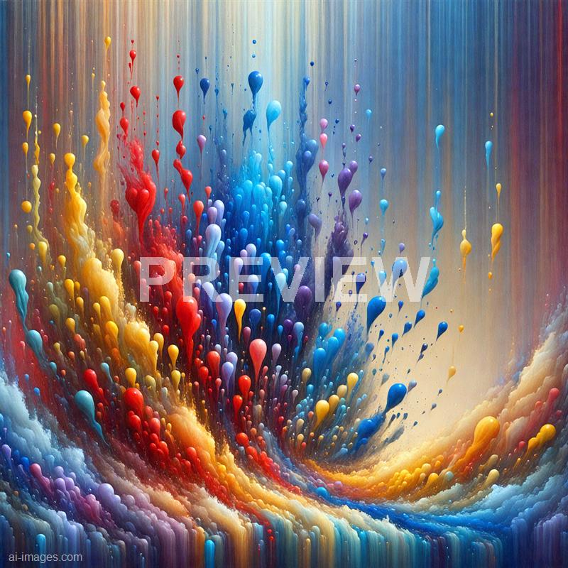 The image features an abstract explosion of colorful paint droplets bursting upward, creating a dynamic and vibrant display. The droplets are arranged in a gradient of colors from warm yellows and reds on the left, blending into cool blues and purples towards the center and right, with a textured background that enhances the sense of movement and energy. The overall composition is lively, with a sense of depth and fluidity, resembling a splash or explosion captured in a moment of vivid motion.
